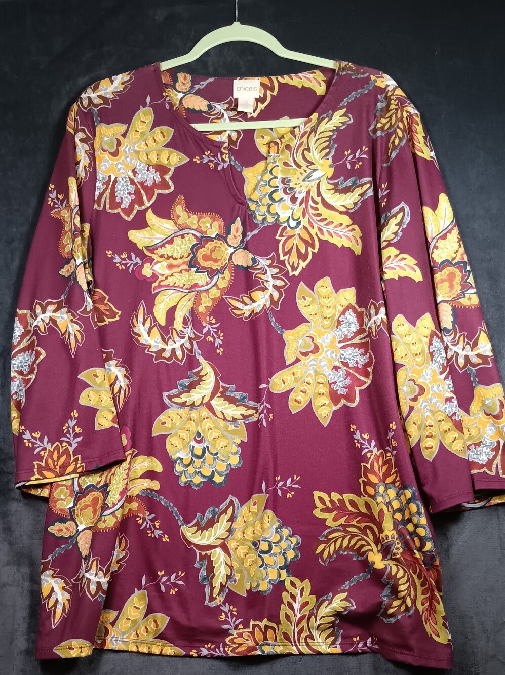 Chico's Burgundy Tunic Top with Yellow Floral Print